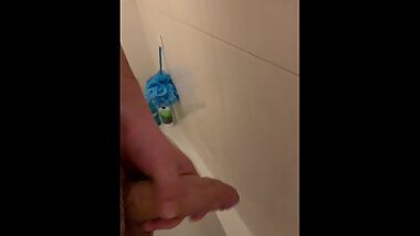 Shower playing with fat cock and huge cum