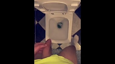 Boy peeing in the toilet straight after the cum